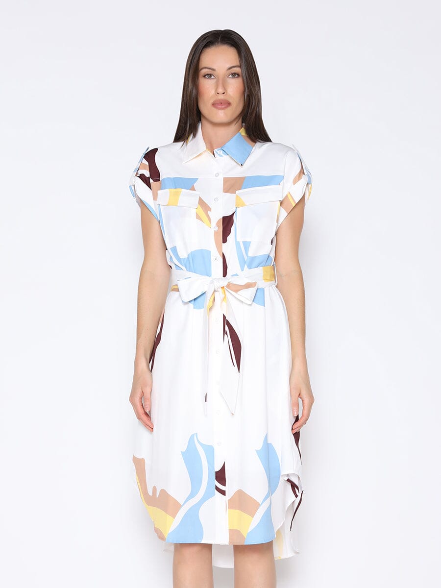 Print Design Short Sleeve Belted Asymmetric Dress DRESS Gracia Fashion WHITE S 