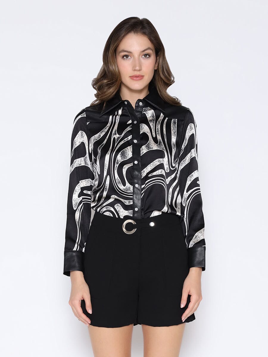 Print & Pleather Spliced Button-Down Shirt Top TOP Gracia Fashion BLACK S 