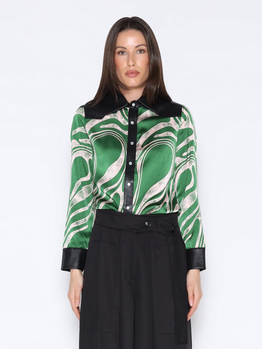 Print & Pleather Spliced Button-Down Shirt Top TOP Gracia Fashion GREEN S 