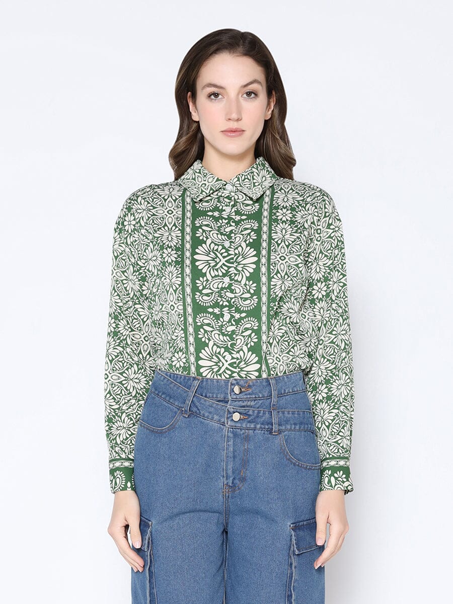 Printed Long Sleeved Button-Down Top TOP Gracia Fashion GREEN S 