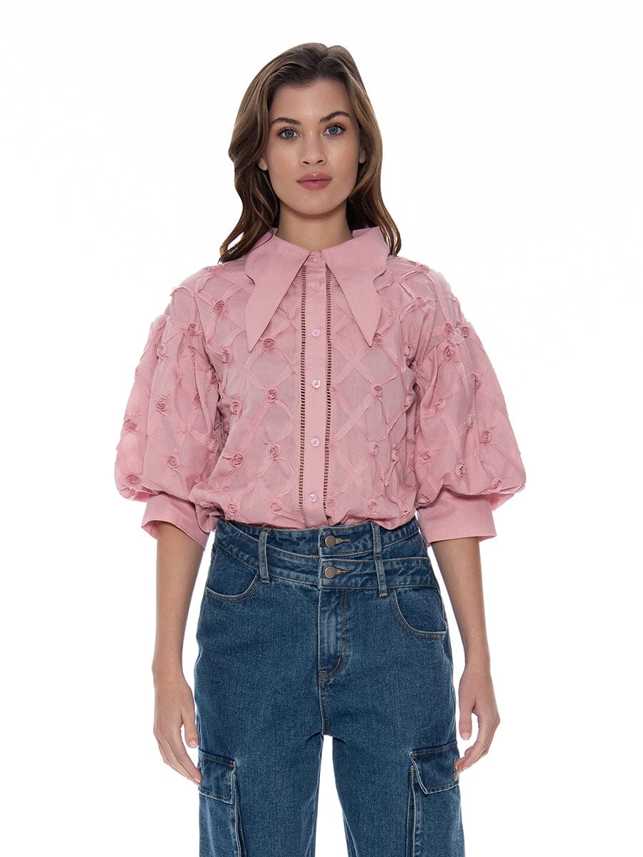 Puff Sleeve Button-Down Collared Solid Top TOP Gracia Fashion PINK S 