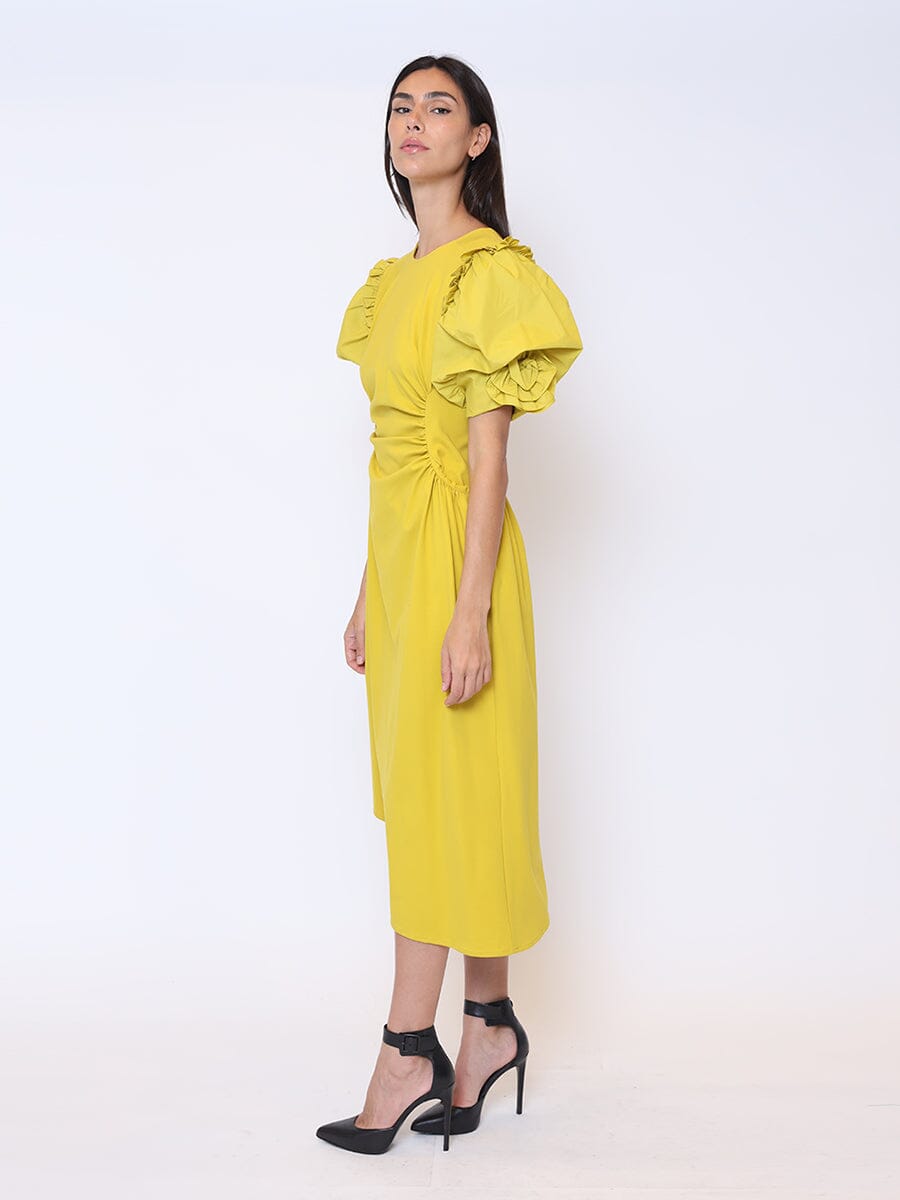 Puff Sleeve Ruched Pocketed Asymmetric Hem Dress DRESS Gracia Fashion MUSTARD S 