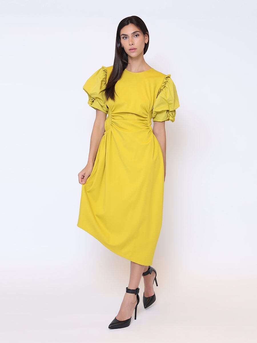 Puff Sleeve Ruched Pocketed Asymmetric Hem Dress DRESS Gracia Fashion 