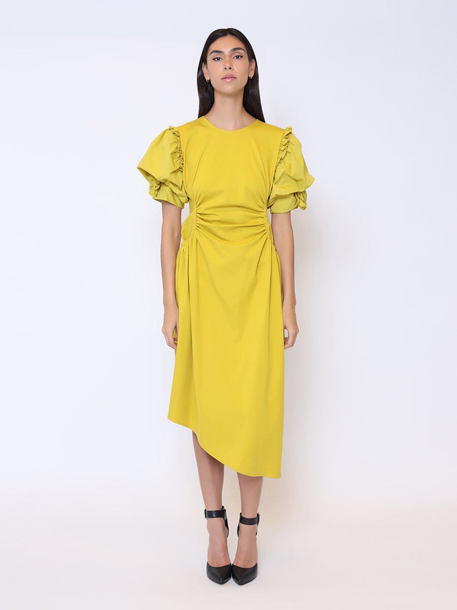 Puff Sleeve Ruched Pocketed Asymmetric Hem Dress DRESS Gracia Fashion 