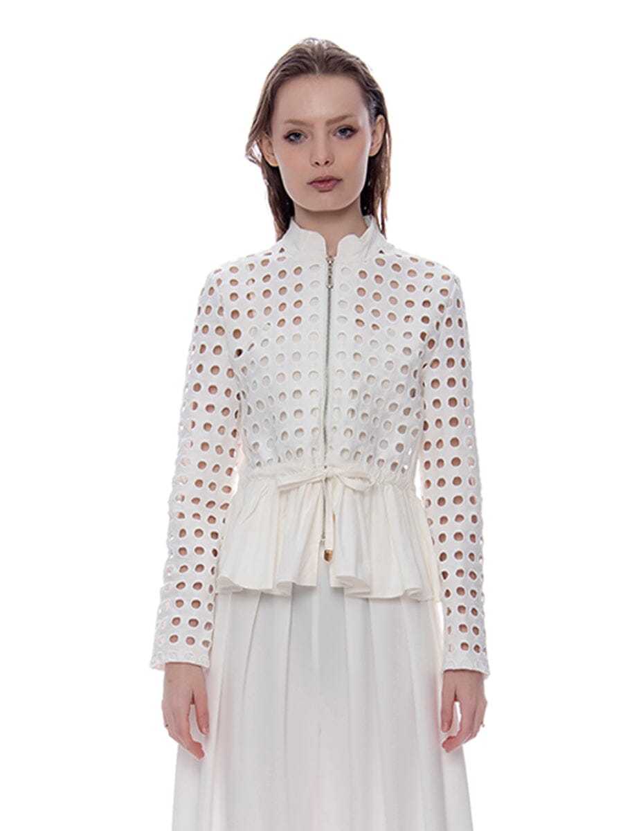 Punched Hole Peplum Jacket JACKET Gracia Fashion WHITE S 