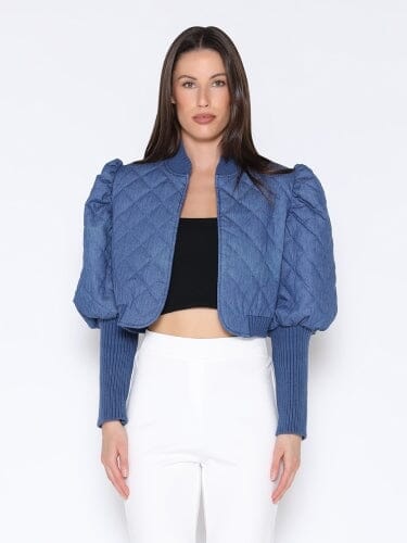 Quilted Denim Puff Jacket with Ribbed Sleeve JACKET Gracia Fashion DENIM BLUE S 