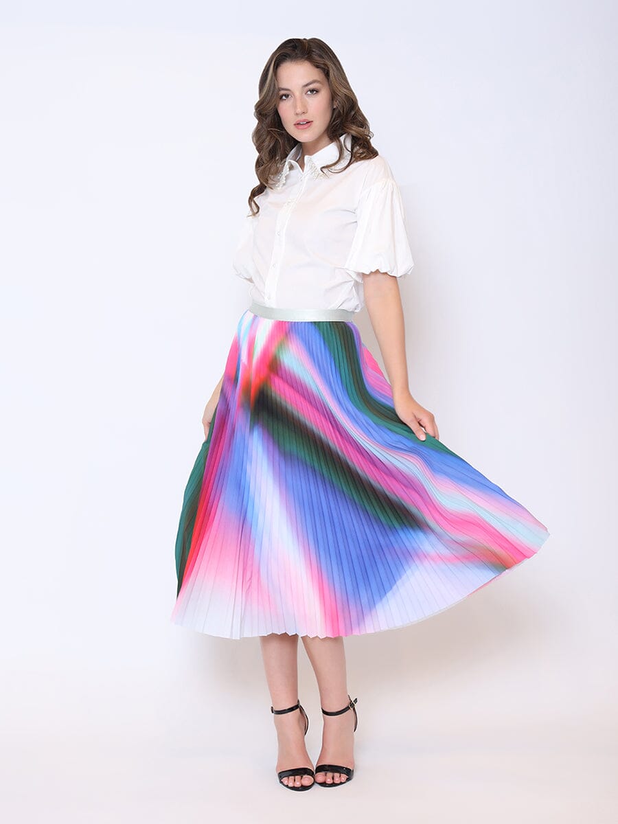 Rainbow Color Print Pleated Skirt SKIRT Gracia Fashion BLUE S 