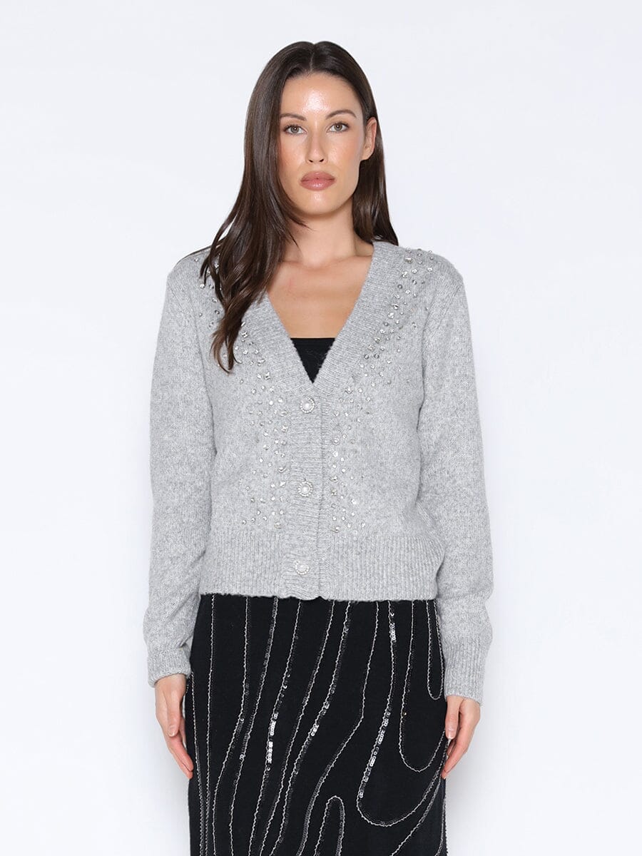 Rhinestone Embellished V-Neck Knit Cardigan SWEATER Gracia Fashion GREY S 