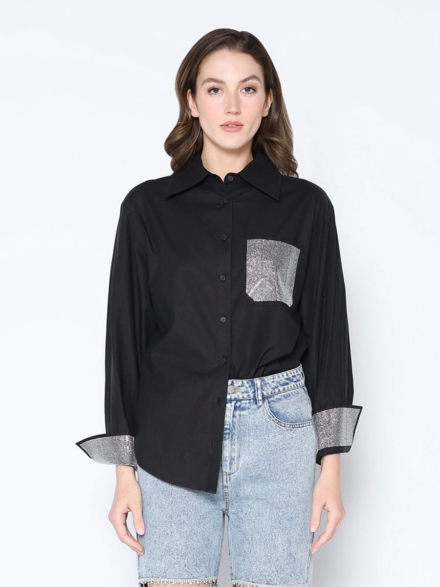 Rhinestone Pocketed Long Sleeve Button Down Shirt TOP Gracia Fashion BLACK S 