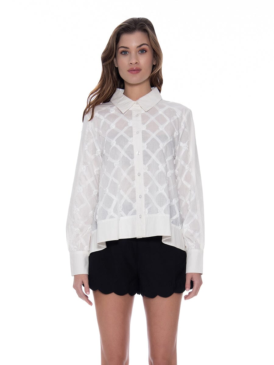 Rhombus Pattern Button Down w/ Long Sleeves Top TOP Gracia Fashion WHITE S 