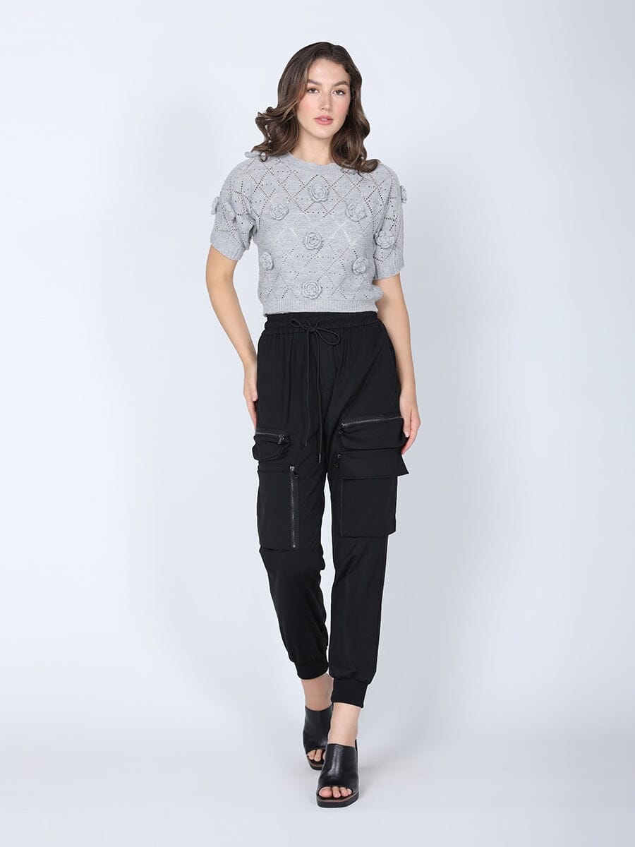 Ribbed Crop Top W/Flower Applique TOP Gracia Fashion GREY S 