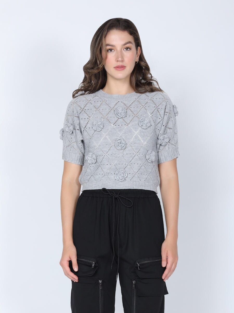 Ribbed Crop Top W/Flower Applique TOP Gracia Fashion GREY S 