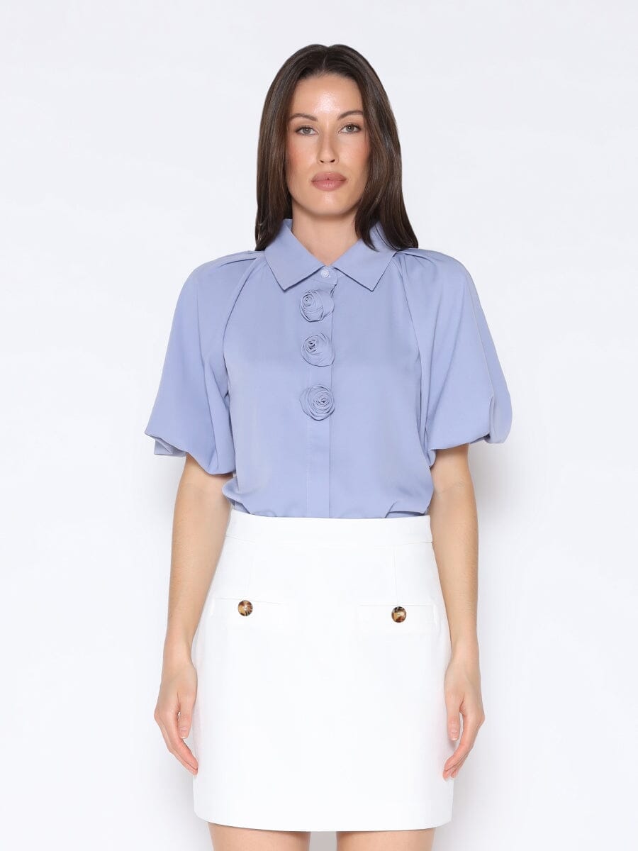 Rose Button Down Puff Sleeve Shirt TOP Gracia Fashion L/BLUE S 