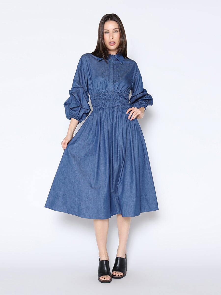 Ruched Puff Sleeve & Waist A Line Denim Dress DRESS Gracia Fashion DENIM S 