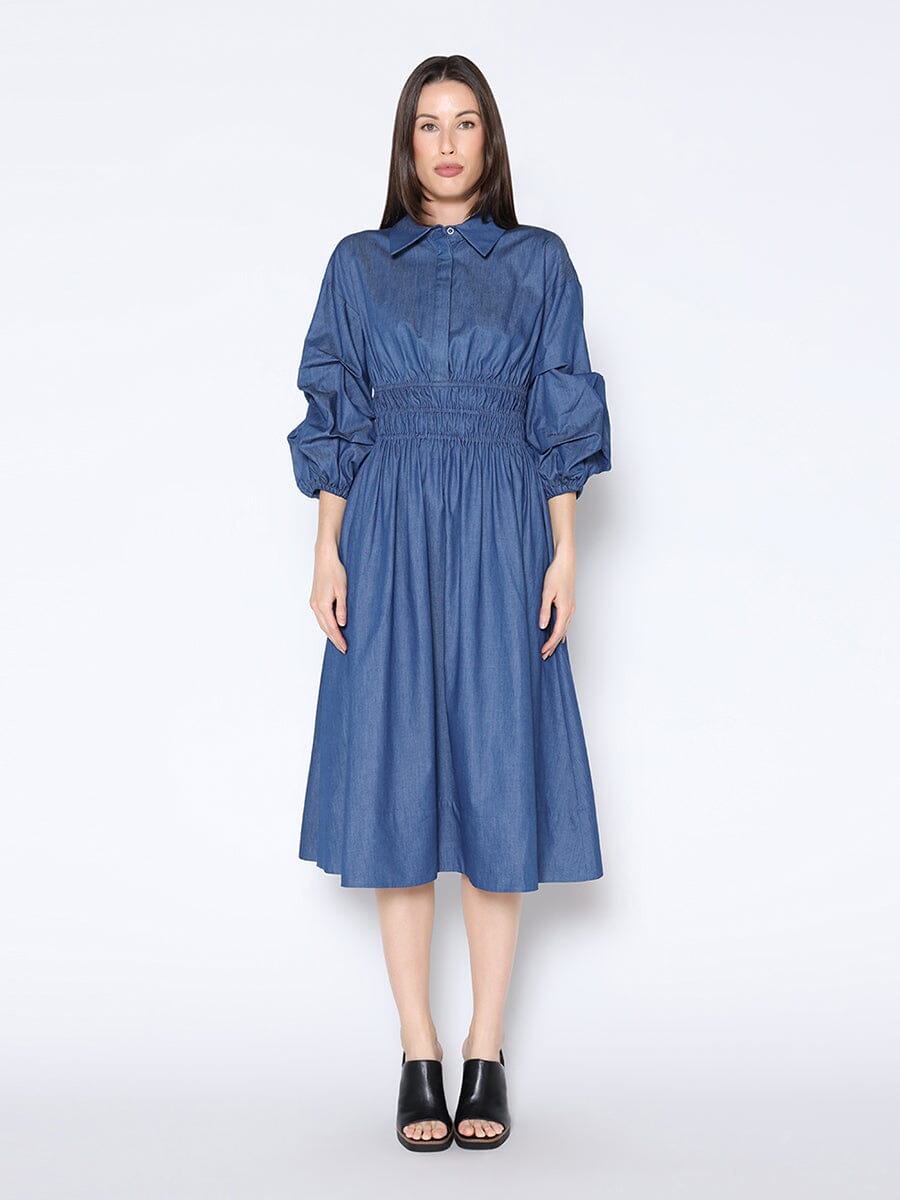 Ruched Puff Sleeve & Waist A Line Denim Dress DRESS Gracia Fashion DENIM S 