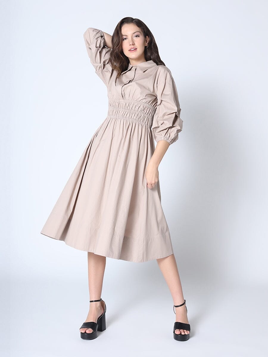 Ruched Puff Sleeve & Waist A Line Midi Dress DRESS Gracia Fashion TAUPE S 