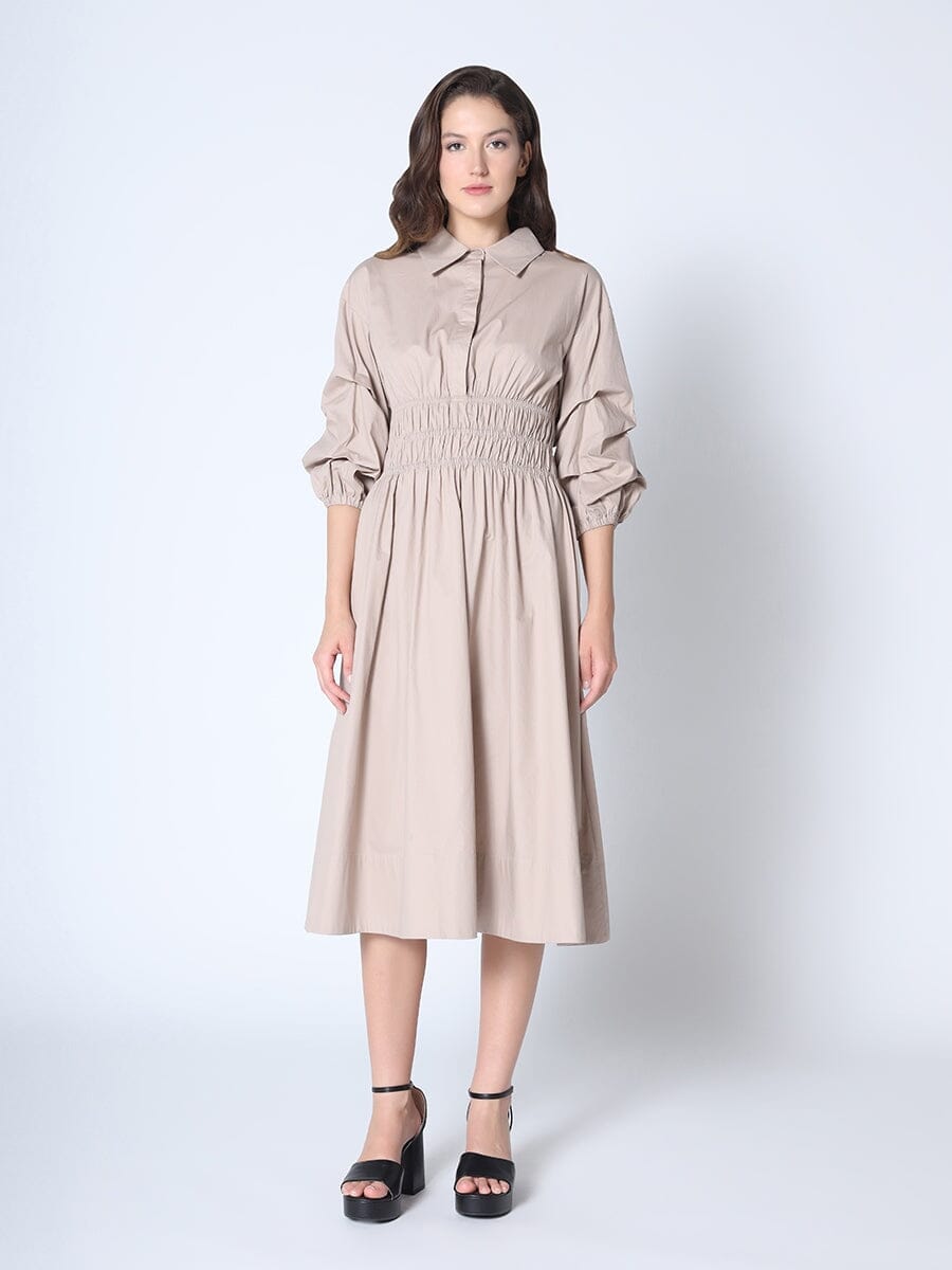 Ruched Puff Sleeve & Waist A Line Midi Dress DRESS Gracia Fashion TAUPE S 