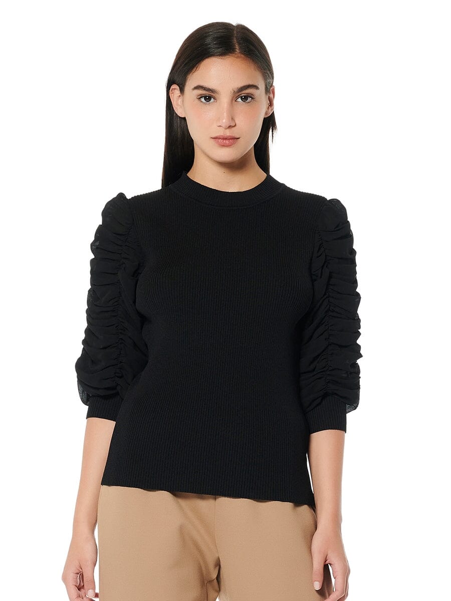 Ruched Puffed Sleeve knit Top TOP Gracia Fashion BLACK S 