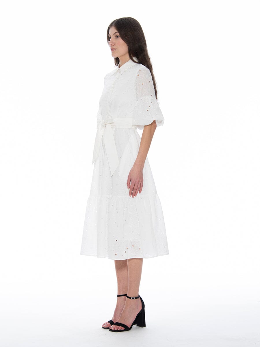 Ruffle Eyelet Dress with Waist Belt DRESS Gracia Fashion 