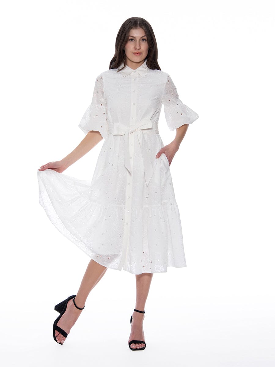 Ruffle Eyelet Dress with Waist Belt DRESS Gracia Fashion 