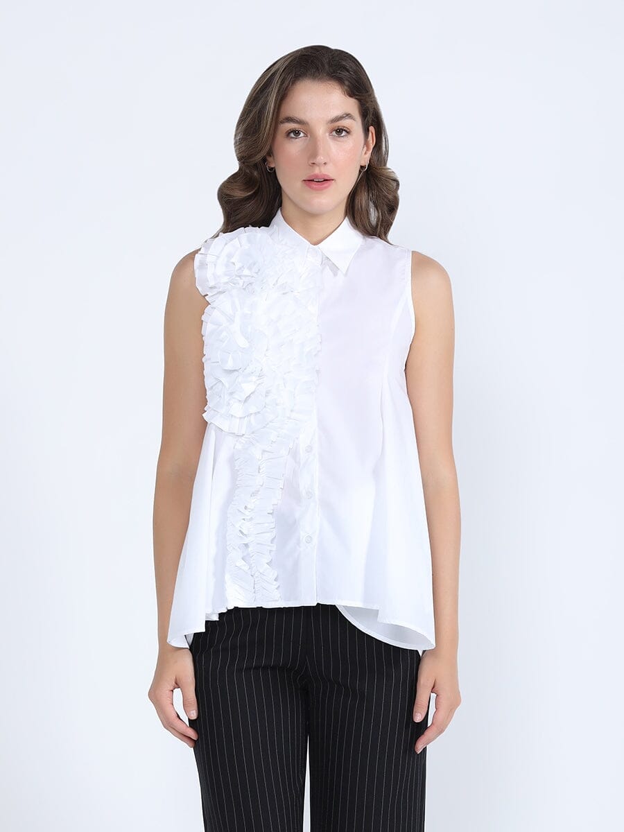 Ruffle Flower Applique Asymmetrical Hem Shirt TOP Gracia Fashion WHITE S 