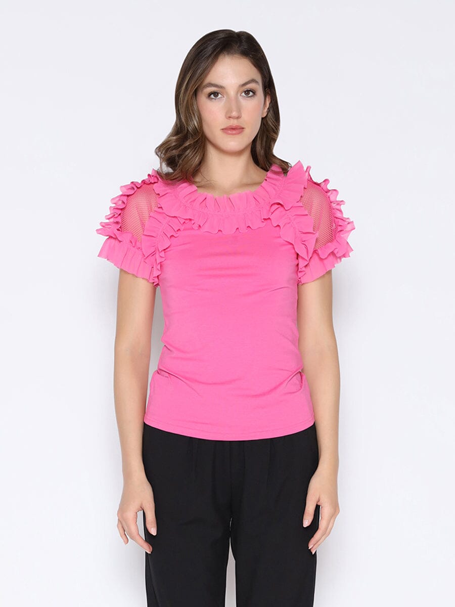 Ruffle See-Through Shoulder Top TOP Gracia Fashion FUSHIA S 