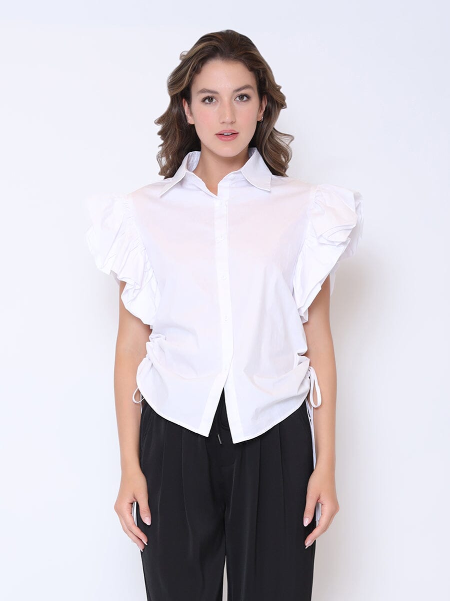 Ruffle Sleeve Drawstring Button Down Shirt TOP Gracia Fashion WHITE S 