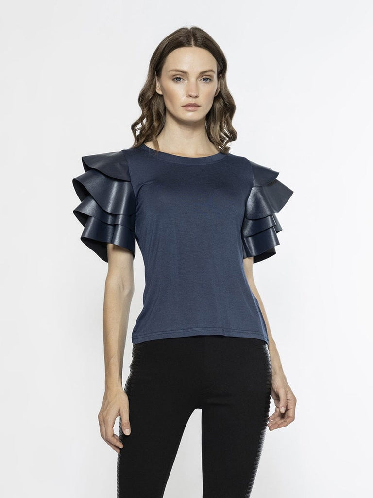 Gracia outlets size small black shoulder boned ruffle top.