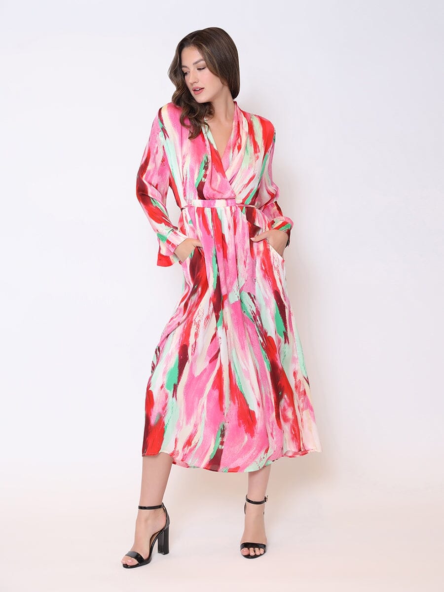 Satin Print Long Sleeve Tie Belt Long Dress DRESS Gracia Fashion RED S 