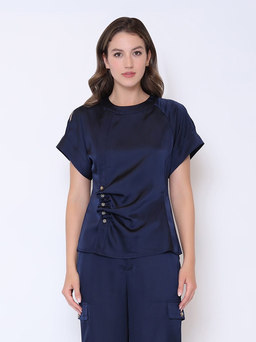 Satin Ruched Side Button Cap Sleeve Top TOP Gracia Fashion NAVY S 