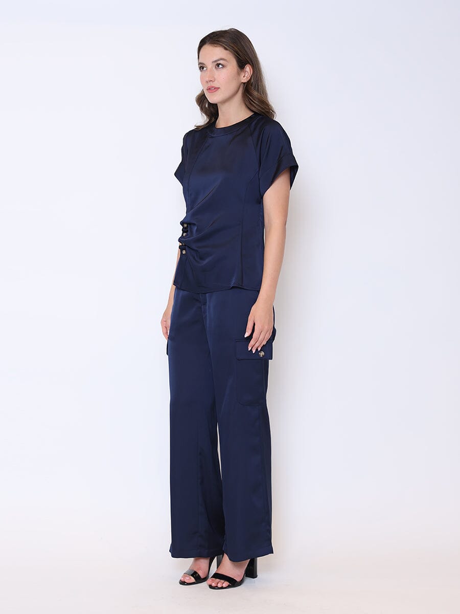 Satin Wide Leg Cargo Pants SET Gracia Fashion NAVY S 