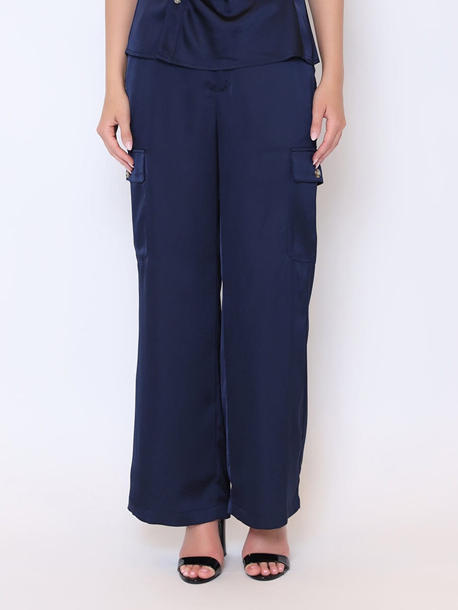 Satin Wide Leg Cargo Pants SET Gracia Fashion NAVY S 