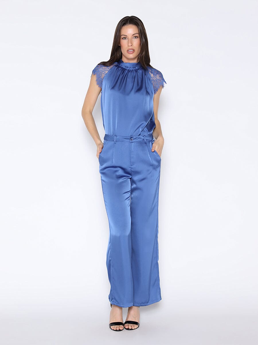 Satin Wide Leg Dress Pants PANTS Gracia Fashion BLUE S 