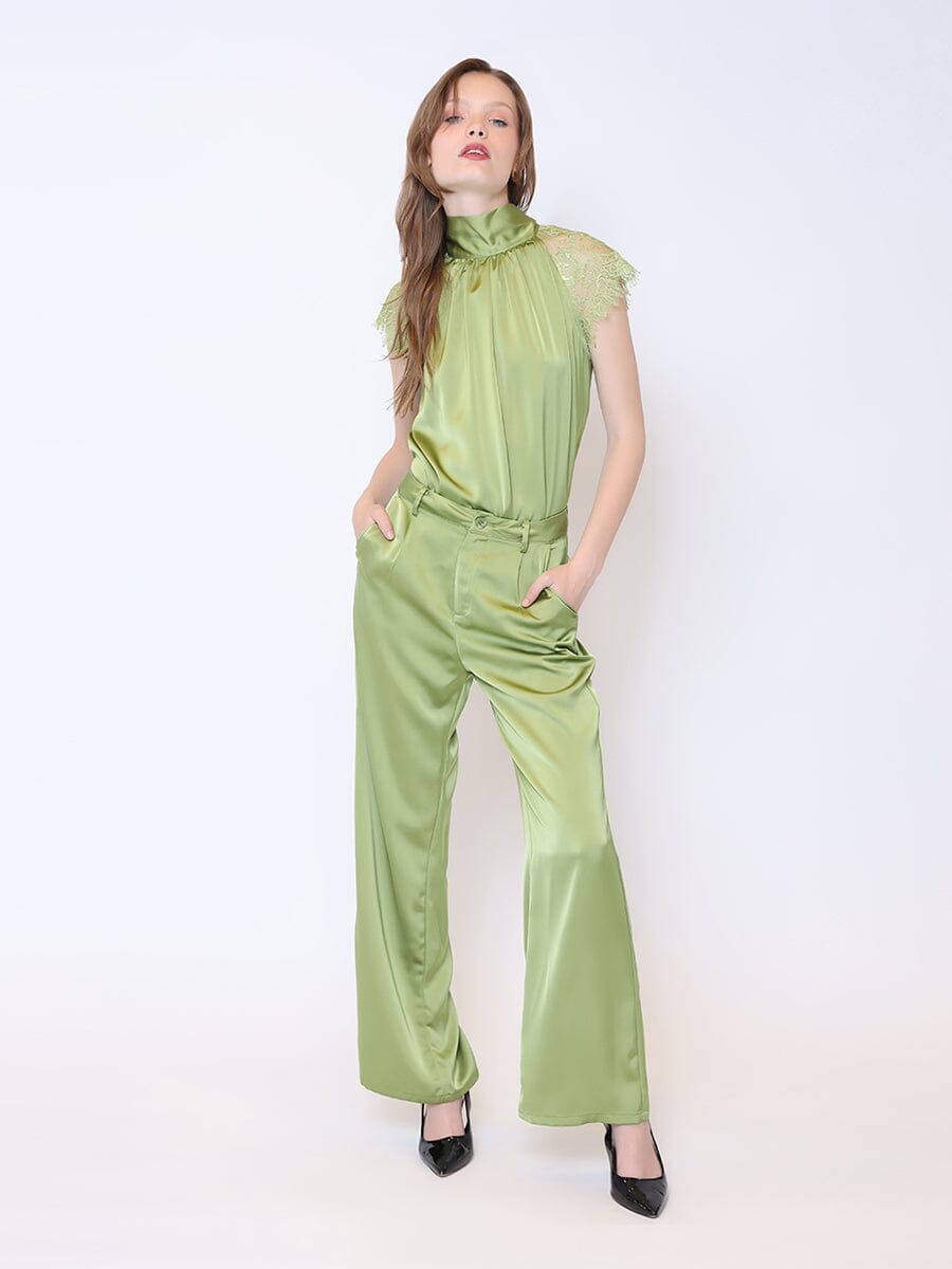 Satin Wide Leg Dress Pants PANTS Gracia Fashion LIME S 