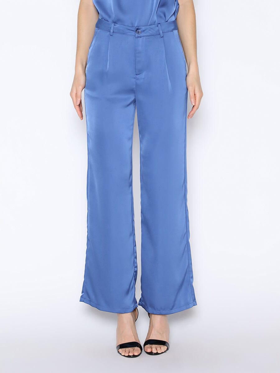 Satin Wide Leg Dress Pants PANTS Gracia Fashion BLUE S 