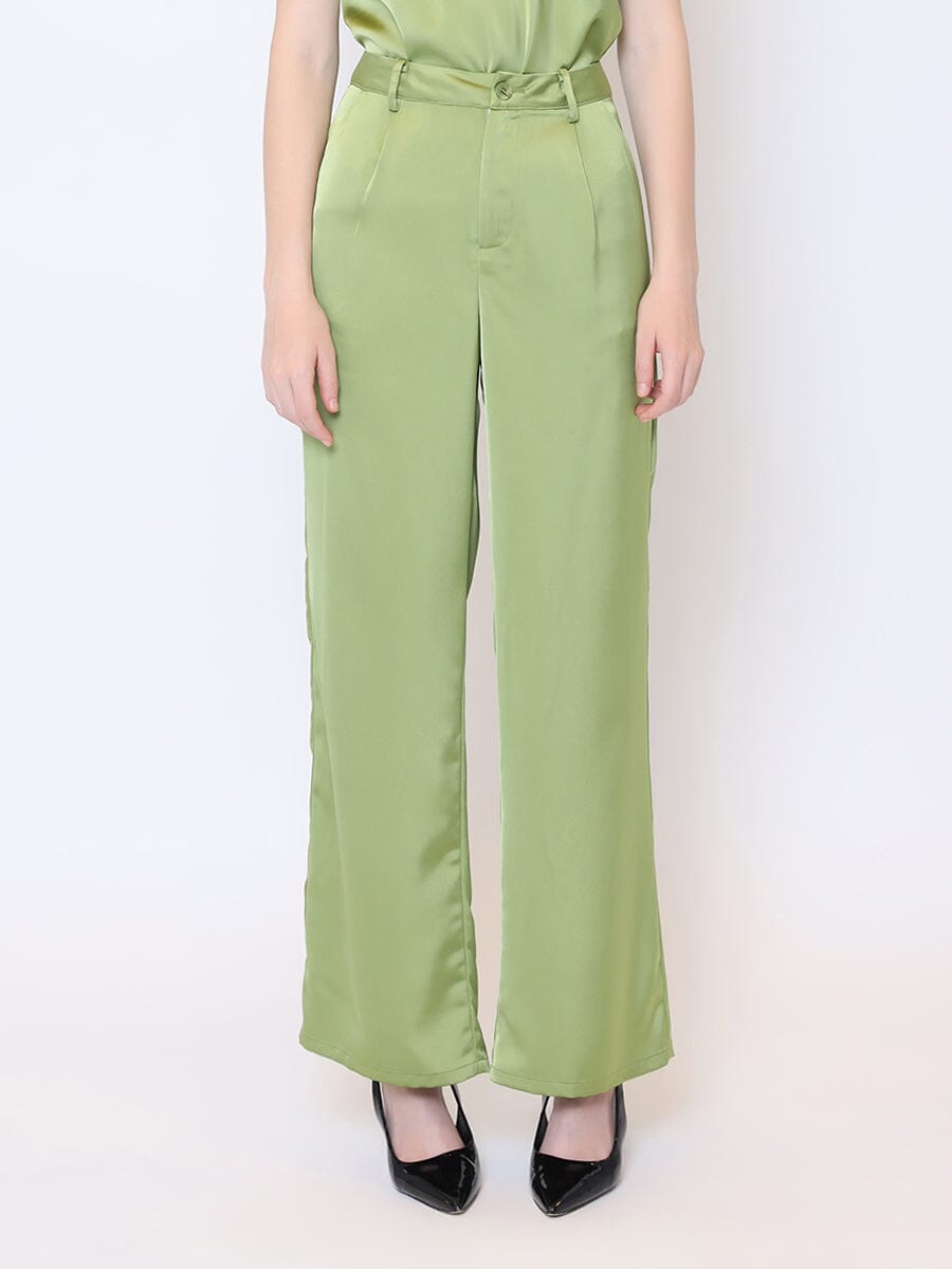 Satin Wide Leg Dress Pants PANTS Gracia Fashion LIME S 