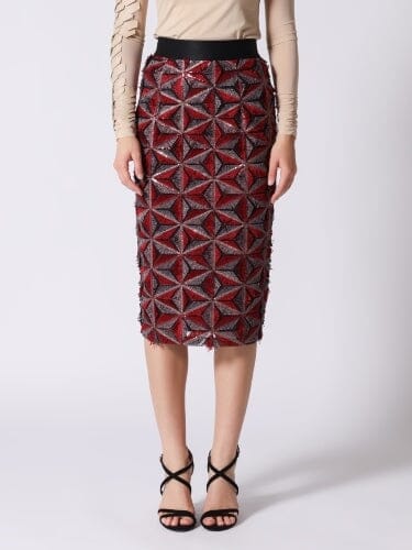 Sequin Beaded Pinwheel Motifs Banding Midi Skirt SKIRT Gracia Fashion BURGUNDY S 