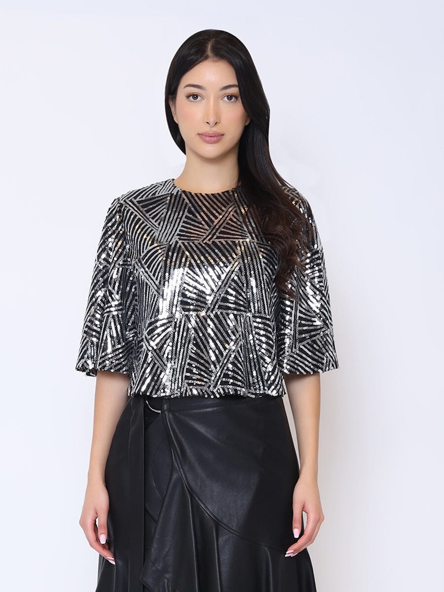 Sequin Bell Sleeve Top TOP Gracia Fashion BLACK/SILVER S 