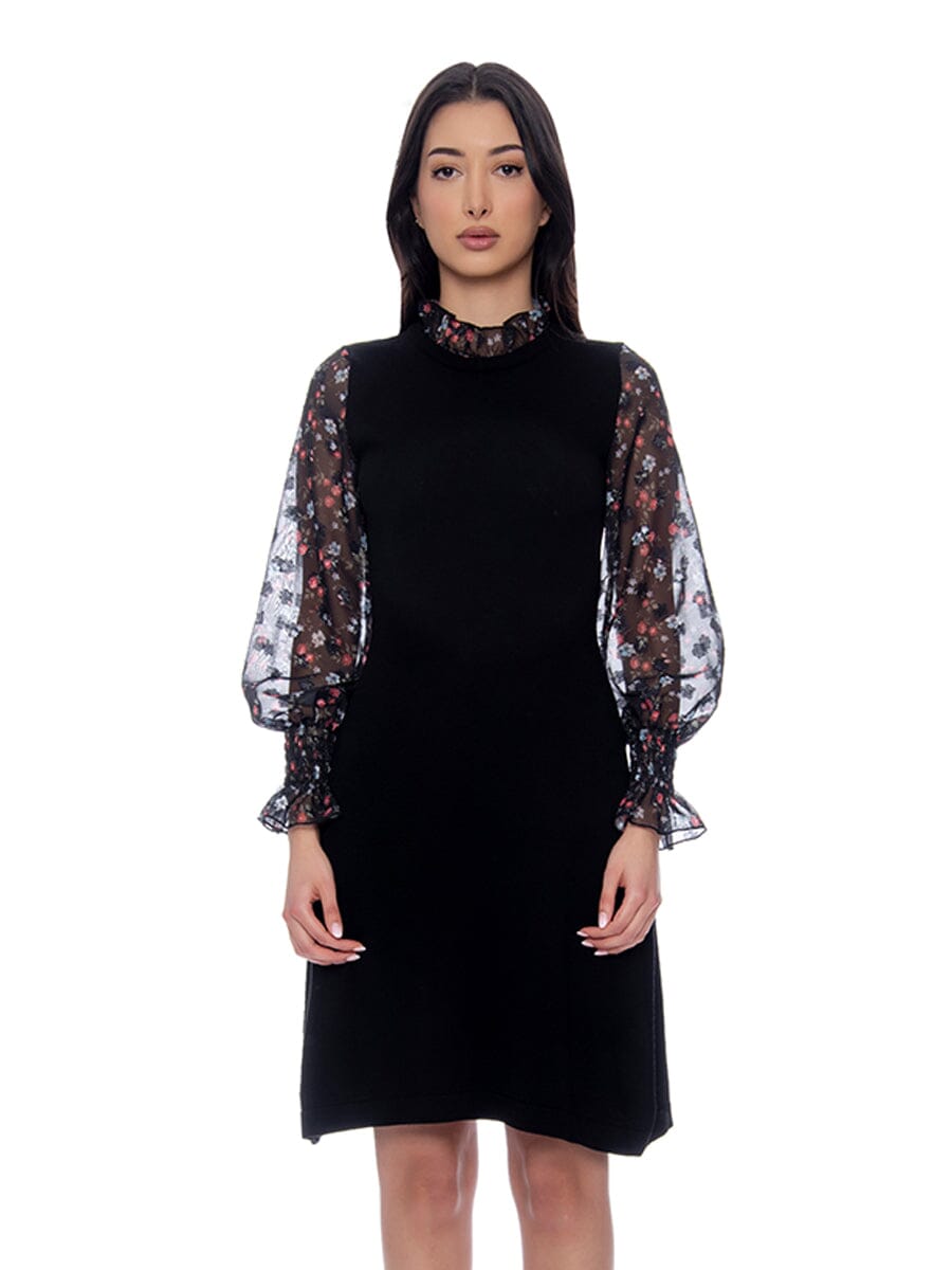 Sheer Floral Print Sleeve Solid Bodycon Knit Dress DRESS Gracia Fashion BLACK S 