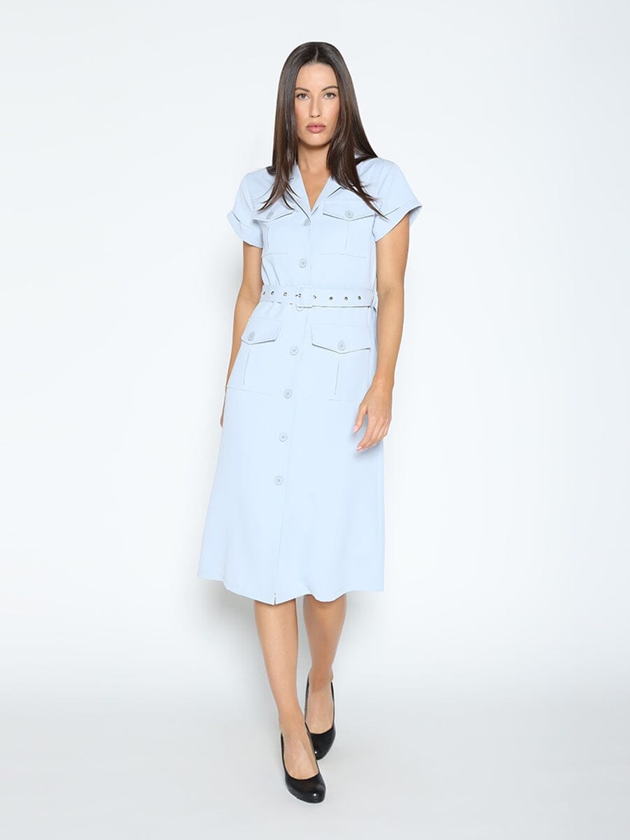 Short Sleeve Button Dwon H-Line Belted Dress DRESS Gracia Fashion L/BLUE S 