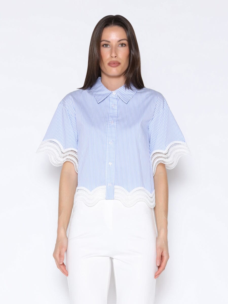 Short Sleeve Lace Trim Stripe Button Down Shirt TOP Gracia Fashion BLUE S 