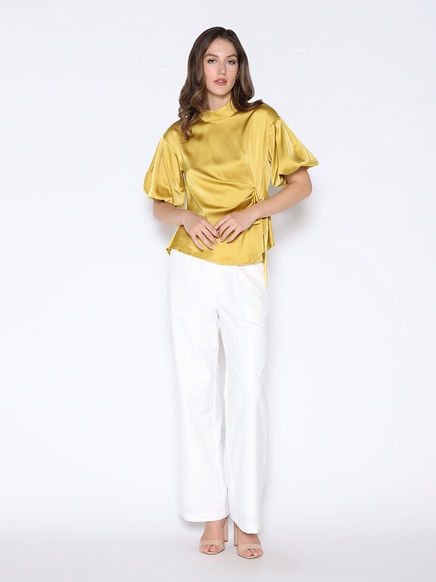 Side Twist Knot Mock Neck Puff Sleeve Satin Top TOP Gracia Fashion MUSTARD S 