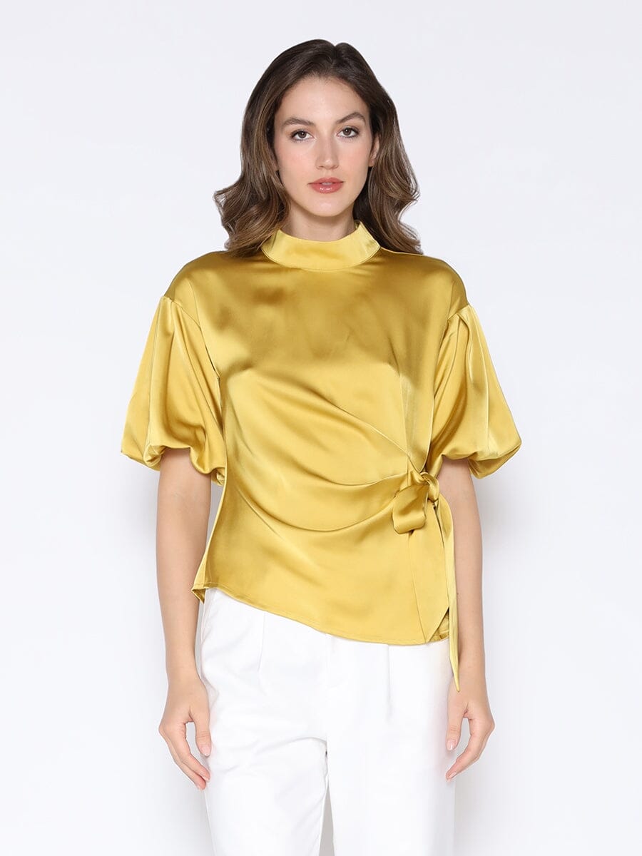 Side Twist Knot Mock Neck Puff Sleeve Satin Top TOP Gracia Fashion MUSTARD S 