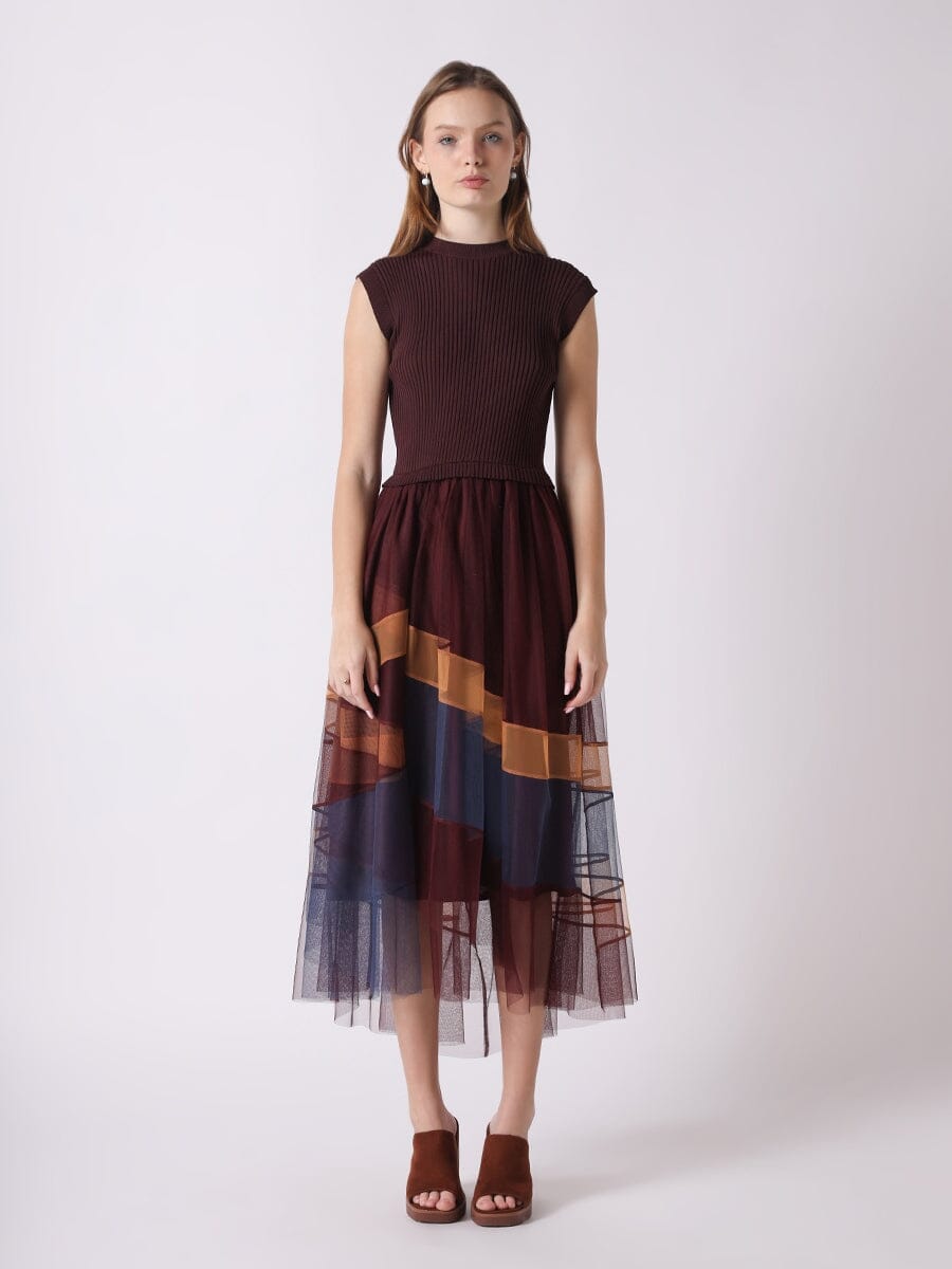 Sleevless A-Line Long Dress w/ Pleated Tulle Skirt DRESS Gracia Fashion BURGUNDY S 