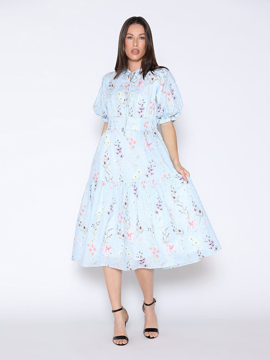 Smoked Waist Floral Eyelet Puff Sleeve Dress DRESSES Gracia Fashion L/BLUE S 