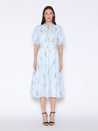 Smoked Waist Floral Eyelet Puff Sleeve Dress DRESSES Gracia Fashion L/BLUE S 