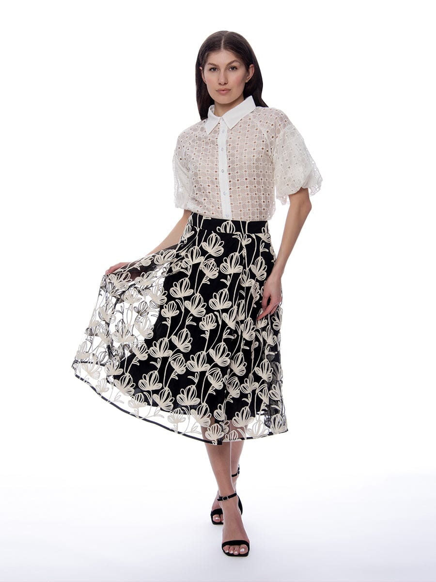 Solid Color Floral Embroidered A-Line Skirt SKIRT Gracia Fashion BLACK S 