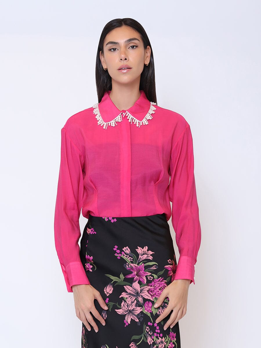 Solid Color Pearl Beaded Collar Long Sleeve Shirt TOP Gracia Fashion FUSHIA S 