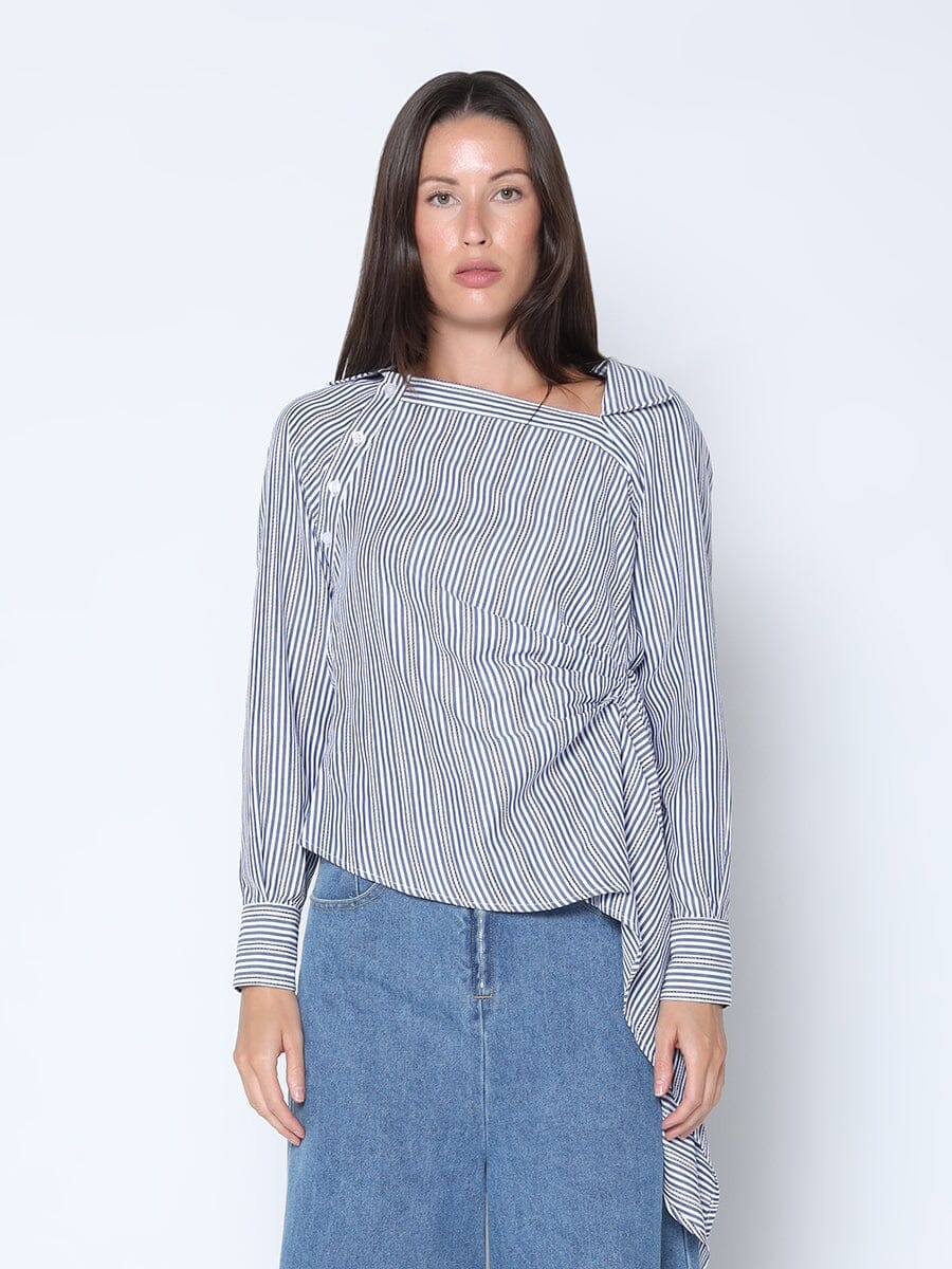 Stripe Long Sleeve Runway Tie Top TOP Gracia Fashion NAVY S 