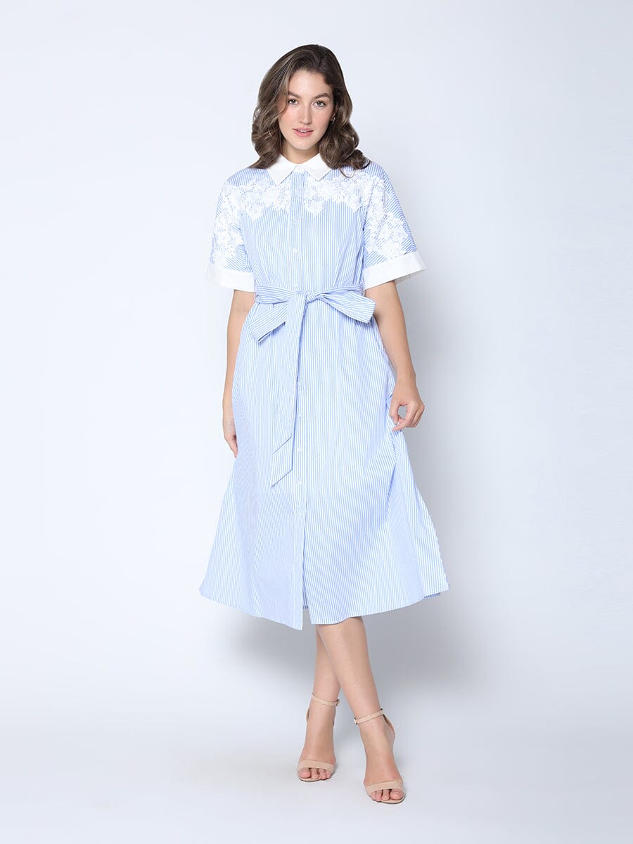 Striped A-Line Belted Dress with Embroidered Trim DRESS Gracia Fashion BLUE S 